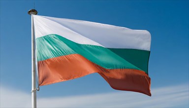 The flag of Bulgaria flutters in the wind, isolated against a blue sky