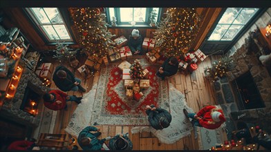 A cozy overhead shot of a family celebrating Christmas with gifts and festive decorations, AI