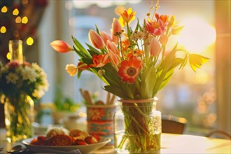 Mother's Day, bouquet of flowers in the warm evening light of a sunset on a dining table, AI