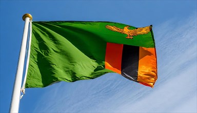The flag of Zambia, fluttering in the wind, isolated, against the blue sky