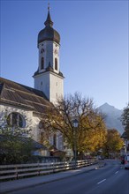 St Martin's parish church in the evening light, Garmisch district, Garmisch-Partenkirchen,