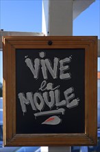 Sign at the mussel and oyster restaurant, la Tranche sur Mer, Vandee, France, Europe