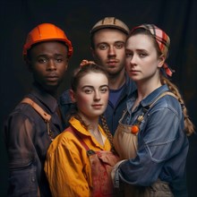 Four young workers in hard hats and overalls stand seriously together in the studio, group picture