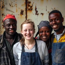 Portrait of four smiling people in casual work clothes in a workshop, group picture with people in