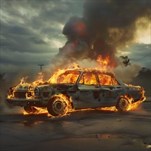 An old car is surrounded by heavy clouds of fire and smoke, AI generated