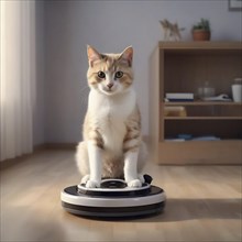 A cat sits on a vacuum robot in a sun-drenched living room, AI generated