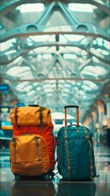 Modern colorful items of luggage at a transport station. AI generated