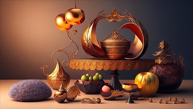 3d illustration of oriental tableware for Ramadan Kareem celebration, AI generated
