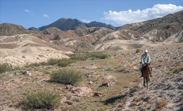 Young man on a horse in the mountains, tourist riding, near Bokonbayevo, Issyk Kul region,
