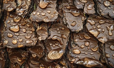 Close-up of cedar bark with raindrops clinging to its textured surface AI generated