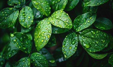 Close-up of raindrops clinging to vibrant green leaves in a lush garden AI generated