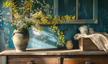 A vintage dresser adorned with a vase of yellow and white wild flowers AI generated
