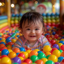 A joyful infant with an innocent smile sitting in a colorful ball pit with bright lighting, AI