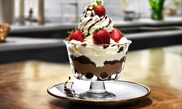 Chocolate trifle with strawberries and whipped cream in a tall glass. ai generative, AI generated