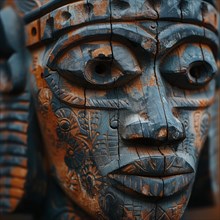 Weathered tribal mask with blue tones and patterned detail, AI Generated, AI generated