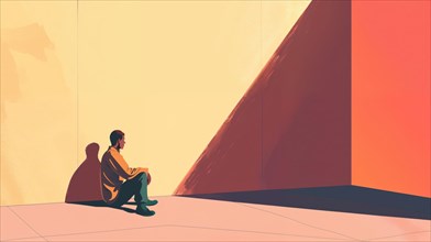 A pensive man sits alone next to a wall, surrounded by warm colours, AI generated, AI generated