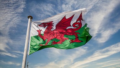 The flag of Wales, Great Britain, flutters in the wind