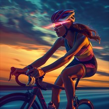 Sporty cyclist at sunset by the sea with neon lights, AI generated