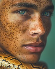 Close-up of a Mixed-race male with freckles and blue eyes, a snake around the neck, blurry teal