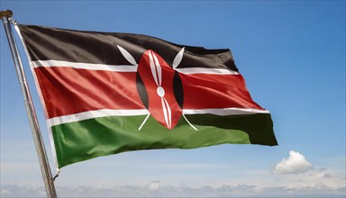 The flag of Kenya flutters in the wind, isolated against a blue sky