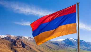 The flag of Armenia flutters in the wind, isolated against a blue sky