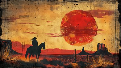 A textured illustration depicting a cowboy silhouette against a dramatic red sky at sunset, ai