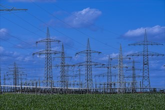 Power pylons with high-voltage lines at the Avacon substation in Helmstedt, Helmstedt, Lower