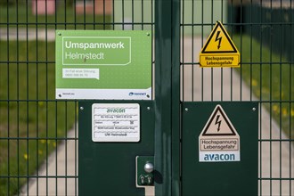 Signs at a gate to the Avacon substation Helmstedt, Helmstedt, Lower Saxony, Germany, Europe