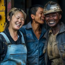 A group of exuberant workers laugh heartily together in a group photo, group photo with