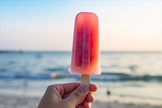 Hand holding ice popsicle at beach. KI generiert, generiert, AI generated