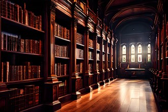 AI generated old library with antique wooden bookshelves