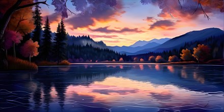 AI generated illustration of a serene lake with reflections on the surface replaced with shimmering