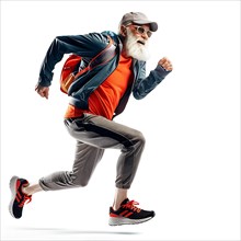 Fashionable older man with beard and sunglasses runs energetically in sportswear, run, start,