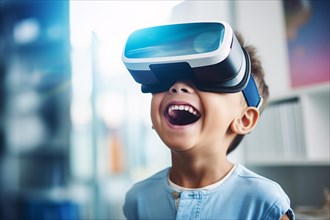Young boy child with VR glasses. KI generiert, generiert, AI generated