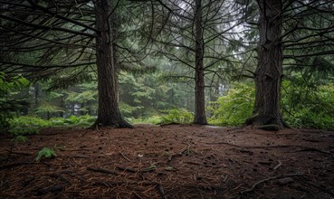 A serene woodland scene with a carpet of cedar needles AI generated