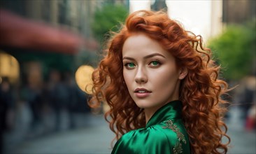 Beautiful young woman with red curly hair in a green dress in the city at night. ai generative, AI