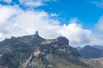 Beautiful landscape of Roque Nublo with fog from a viewpoint. Gran Canaria, Spain, Europe