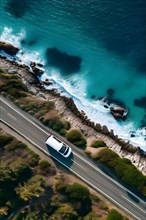 AI generated drone view of the essence of van life in a beautyfull coastal landscape