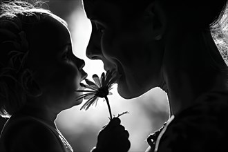 Mother's Day, Emotional portrait of a child and a woman looking at each other and holding a flower