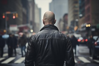 Back view of neonazi skinhead with leather jacket in city street. KI generiert, generiert, AI