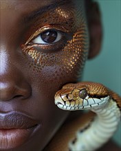Portrait of a woman with a snake and striking gold eyeshadow against a dark background, blurry teal
