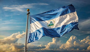 The flag of Nicaragua flutters in the wind, isolated against a blue sky