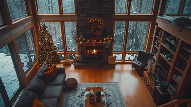 A cozy winter scene with a lit fireplace, Christmas tree, and snow outside, embodying holiday