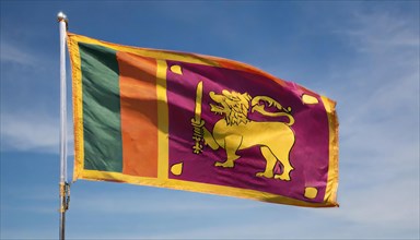 The Sri Lankan flag flutters in the wind, isolated against a blue sky