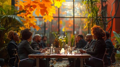 People engaging in conversation around a dining table with a warm, autumnal atmosphere, AI