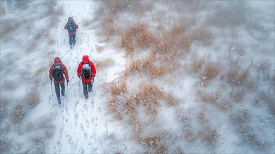 Hikers wearing red jackets trekking on a snow-covered trail under an overcast sky, AI generated