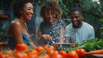 Three friends share a joyful moment with a playful splash while cooking veggies together, AI