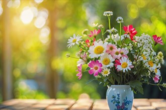 Mother's Day, Colourful daisies in a vase in front of a sunlit background, AI generated, AI