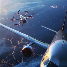 A drone flies next to a commercial aircraft over a nocturnal landscape, drone, attack, AI generated