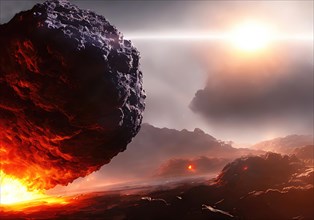Asteroid collides with an alien planet. Generative AI image, AI generated